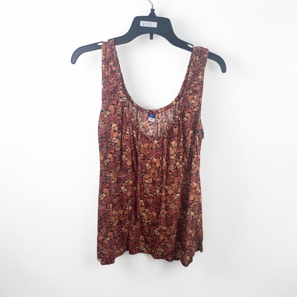 Old Navy Womens Large Tall Floral Sleeveless Tank Top Orange Burgundy Tie Front
